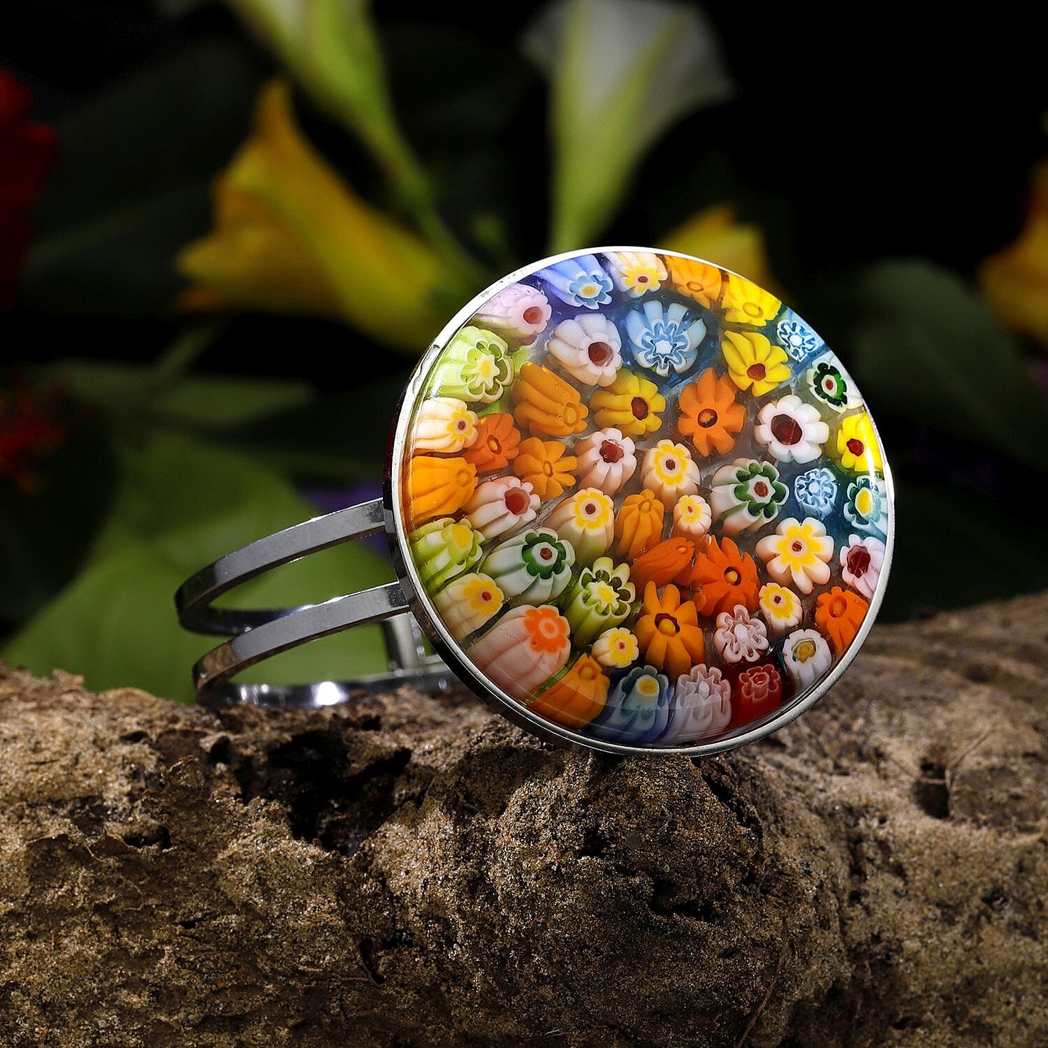 Multi Colour Murano Glass Cuff Stainless Steel Bangle (Size 6.50) Multi Colour Murano Glass Cuff Stainless Steel Bangle (Size 6.50)