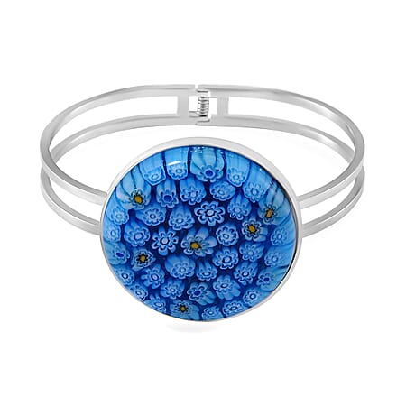 Blue Color Murano Glass  Bangle Pure White Stainless Steel  25.00 ct  25.000  Ct.
