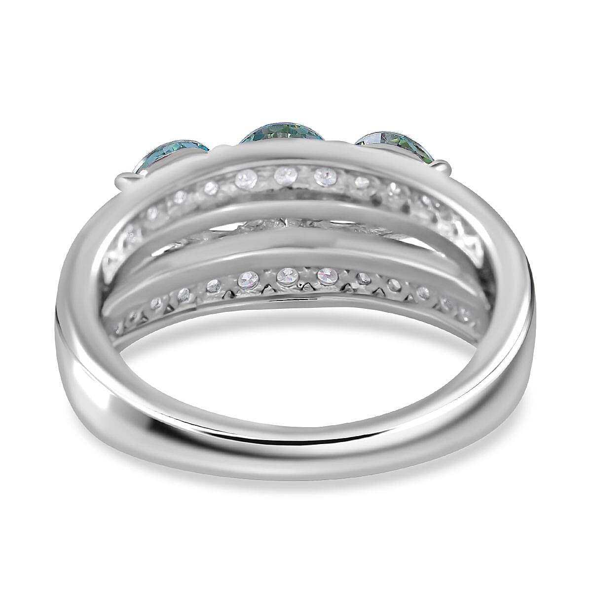 First Time Ever - Paraiba Colour Moissanite Trilogy Ring in Rhodium Overlay Sterling Silver 2.10 Ct.