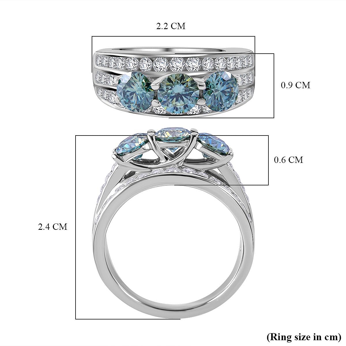 First Time Ever - Paraiba Colour Moissanite Trilogy Ring in Rhodium Overlay Sterling Silver 2.10 Ct.