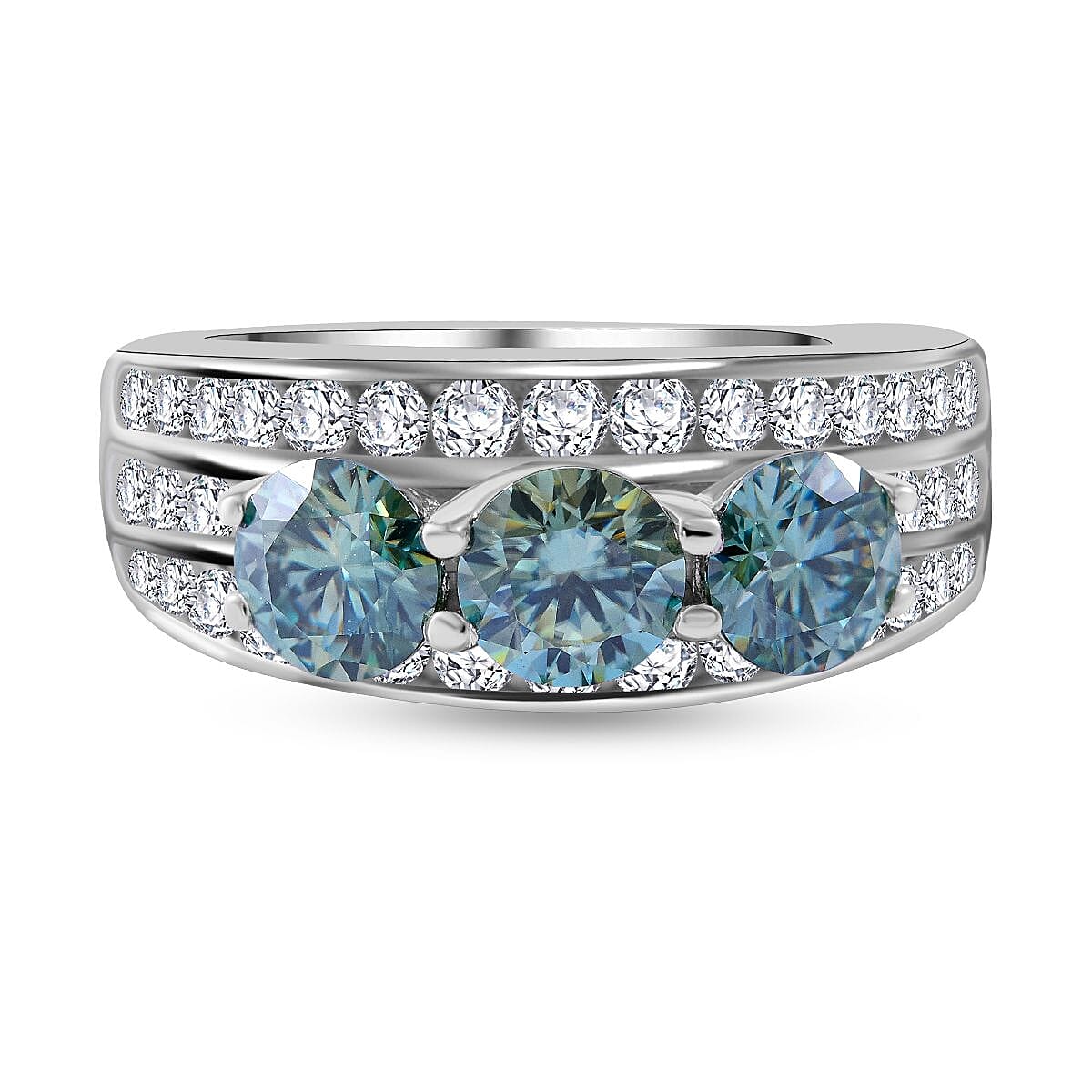Paraiba Colour Moissanite Trilogy Ring in Rhodium Overlay Sterling Silver 2.10 Ct.
