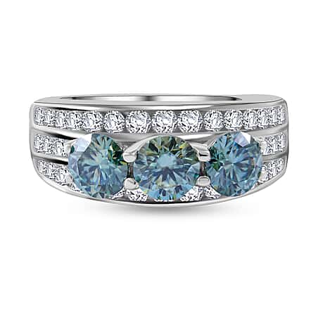 Paraiba Colour Moissanite Trilogy Ring in Rhodium Overlay Sterling Silver 2.10 Ct.