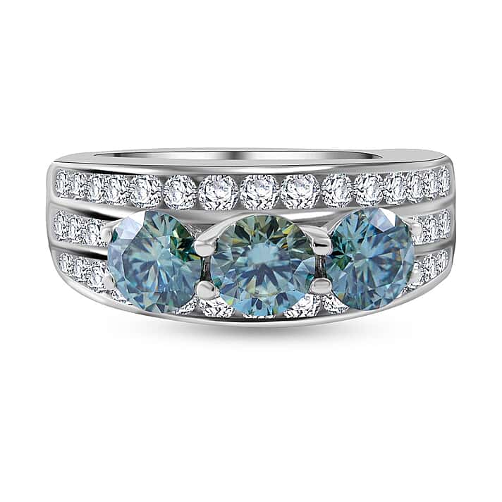 Paraiba Colour Moissanite Trilogy Ring in Rhodium Overlay Sterling Silver 2.10 Ct.