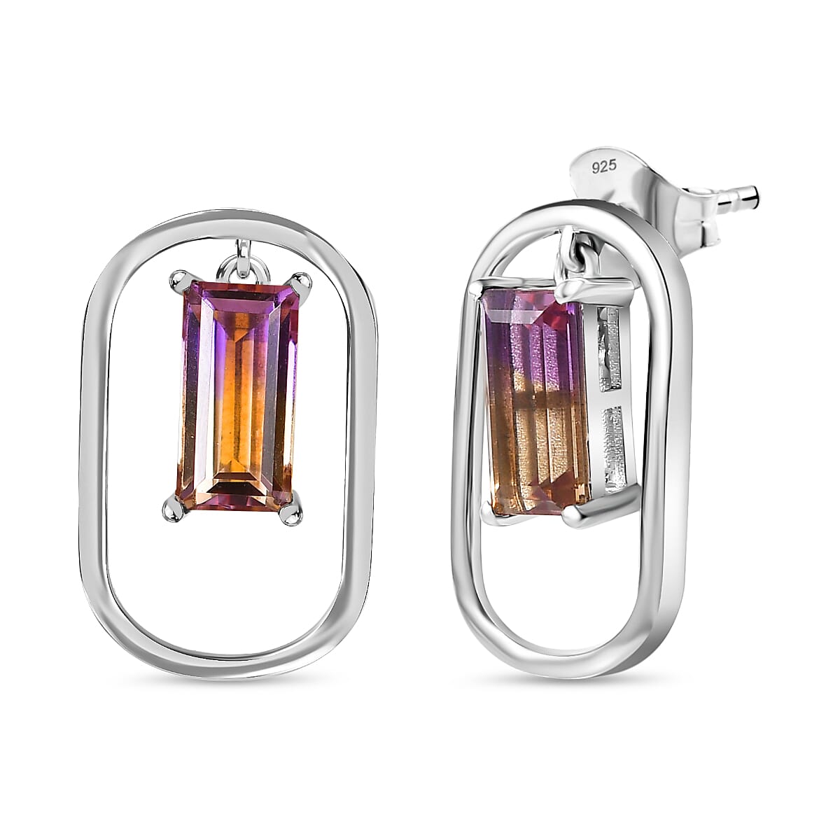Ametrine Solitaire Earrings in Rhodium Overlay Sterling Silver 3.30 Ct.