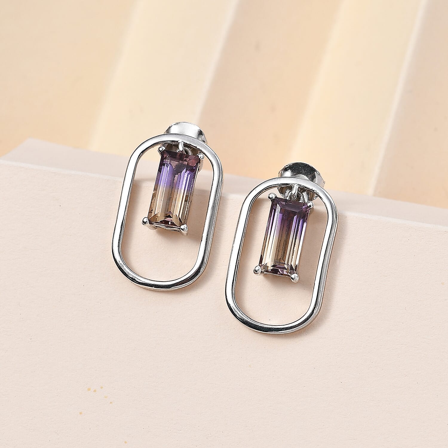 Ametrine Solitaire Earrings in Rhodium Overlay Sterling Silver 3.30 Ct.