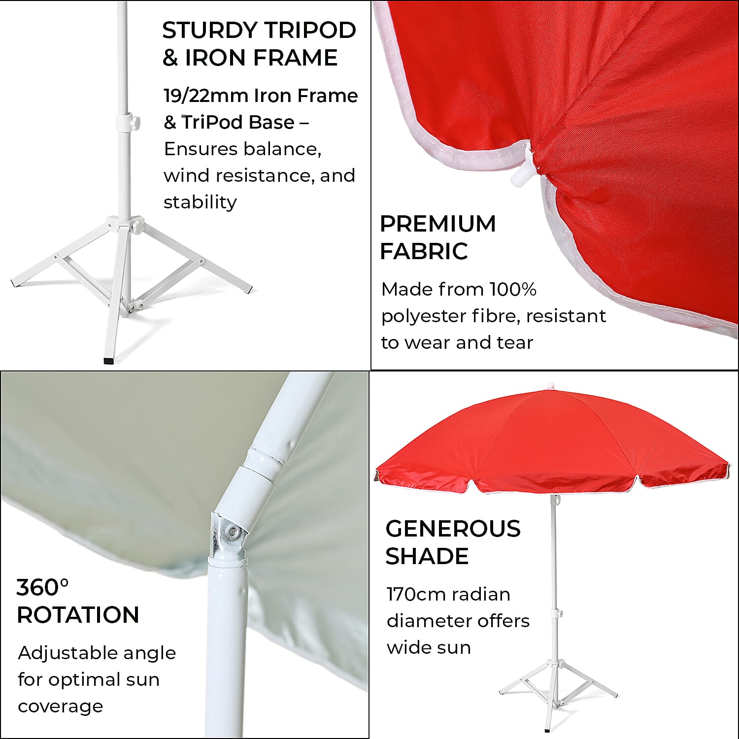 Solid colour Outdoor umbrella with tripod stand ( height from 1.2m to 1.8m) - Red