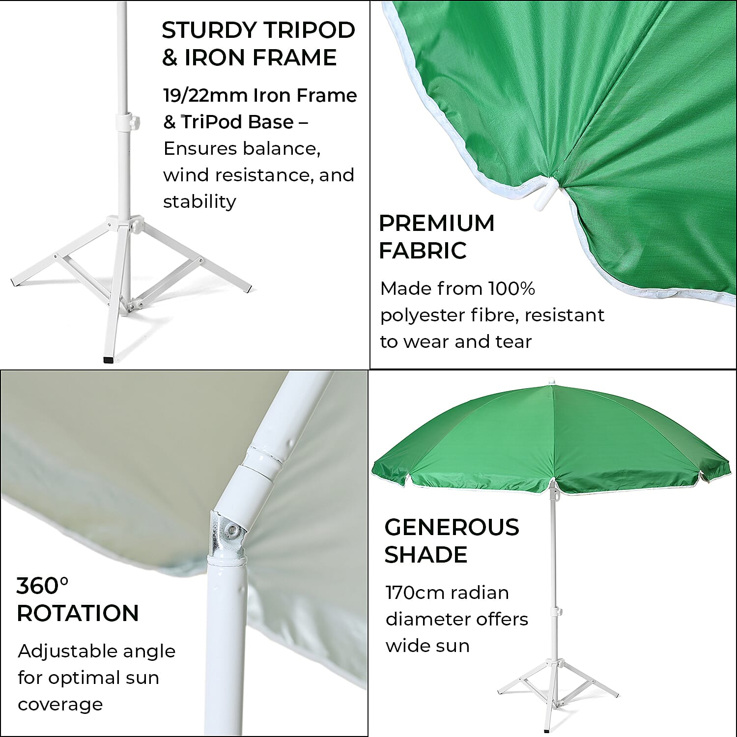 Solid colour Outdoor umbrella with tripod stand (height from 1.2m to 1.8m) - Green & Grey