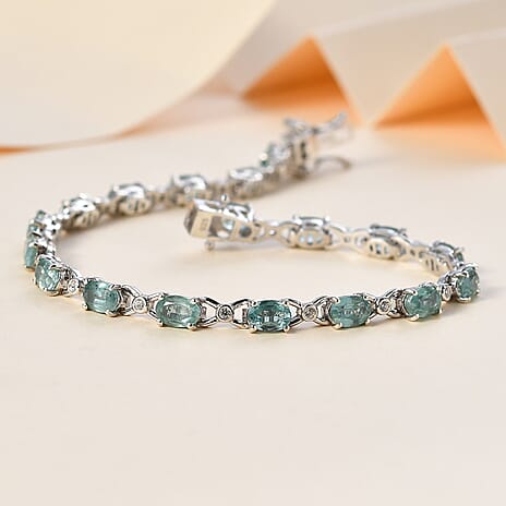 Mint Kyanite & White Zircon Cluster Bracelet (Size - 7) in Platinum Overlay Sterling Silver 10.54 Ct, Silver Wt. 7.81 Gms
