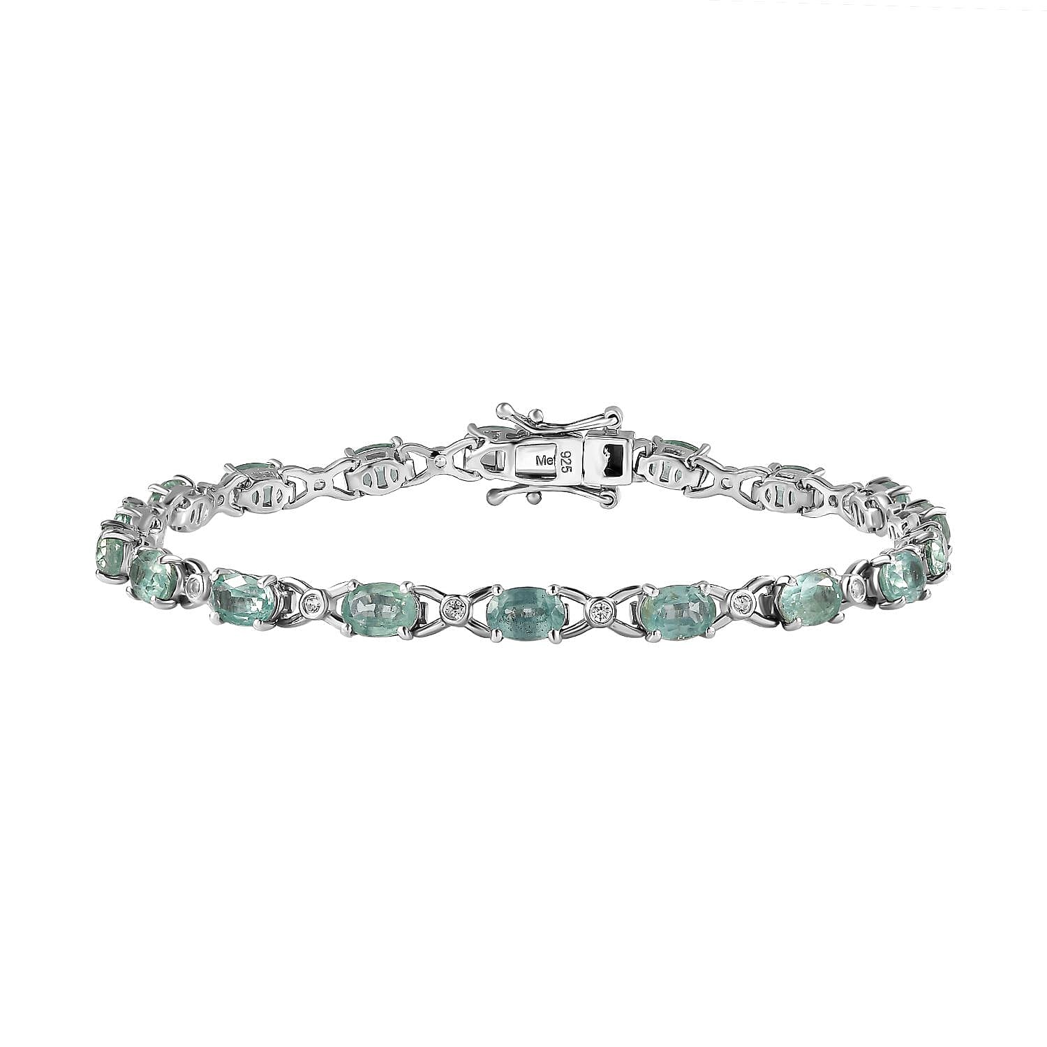 Mint Kyanite & White Zircon Link Bracelet (Size - 7.5) in Platinum Overlay Sterling Silver