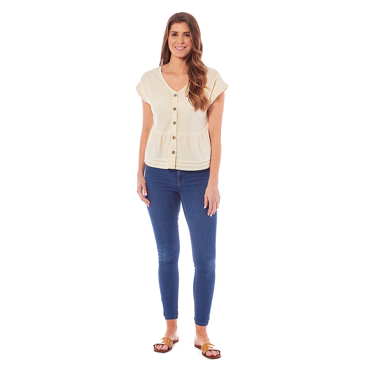 Charlotte West Linen Blend Button Front Top (Size 12) - Cream