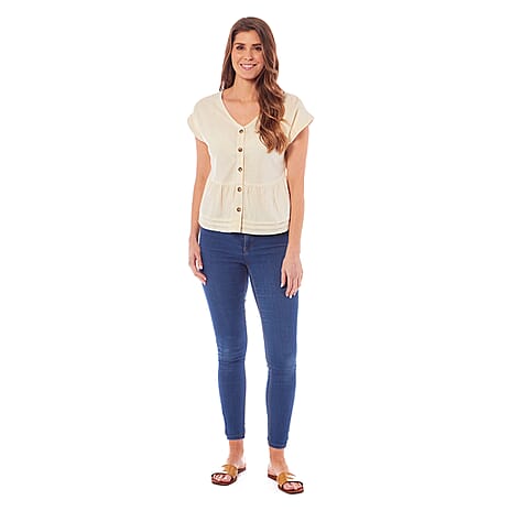 Charlotte West Linen Blend Button Front Top (Size 14) - Cream