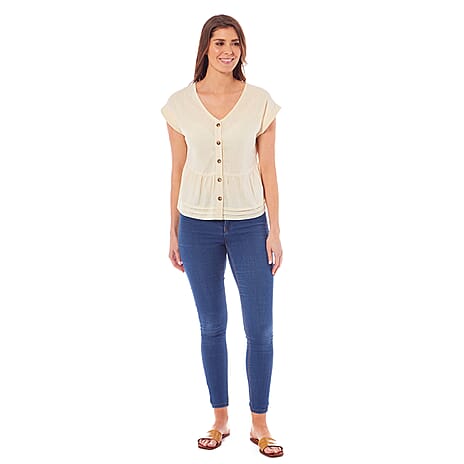 Charlotte West Linen Blend Button Front Top (Size 14) - Cream
