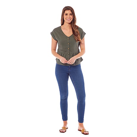 Charlotte West Linen Blend Button Front Top (Size 12) - Khaki