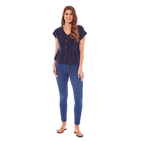 Charlotte West Ladies Linen Button Front Top (Size 10) - Navy