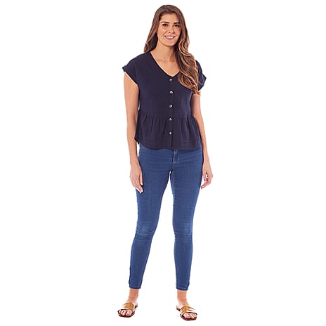 Charlotte West Ladies Linen Button Front Top (Size 10) - Navy