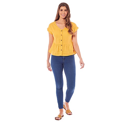 Charlotte West Ladies Linen Blend Button Front Top (Size 12) - Lemon