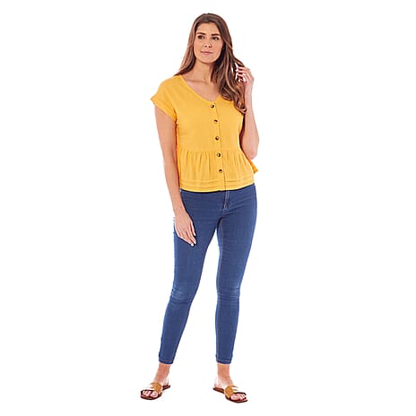 Charlotte West Ladies Linen Blend Button Front Top (Size 12) - Lemon
