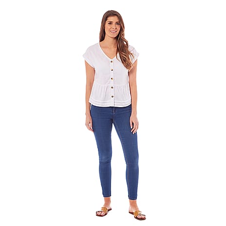 Charlotte West Ladies Linen Blend Button Front Top (Size 12) - White