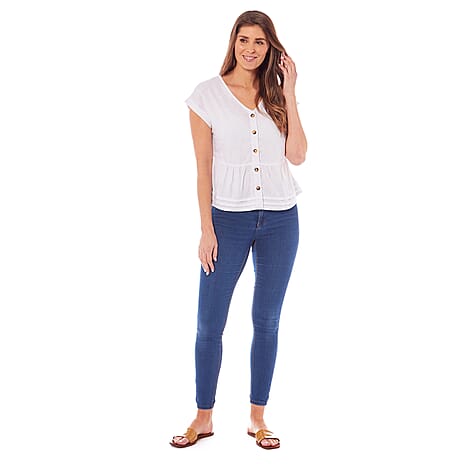 Charlotte West Ladies Linen Blend Button Front Top (Size 12) - White