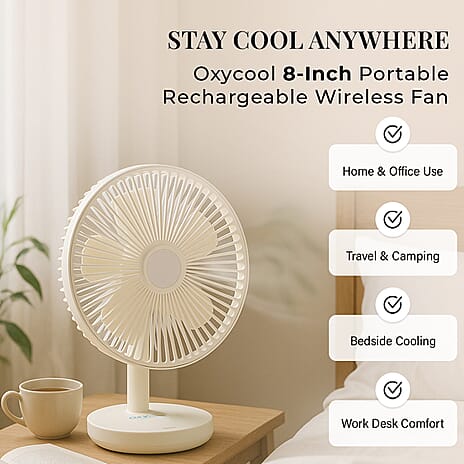 Oxycool 8 Inch Portable Rechargeable Wireless Fan - White