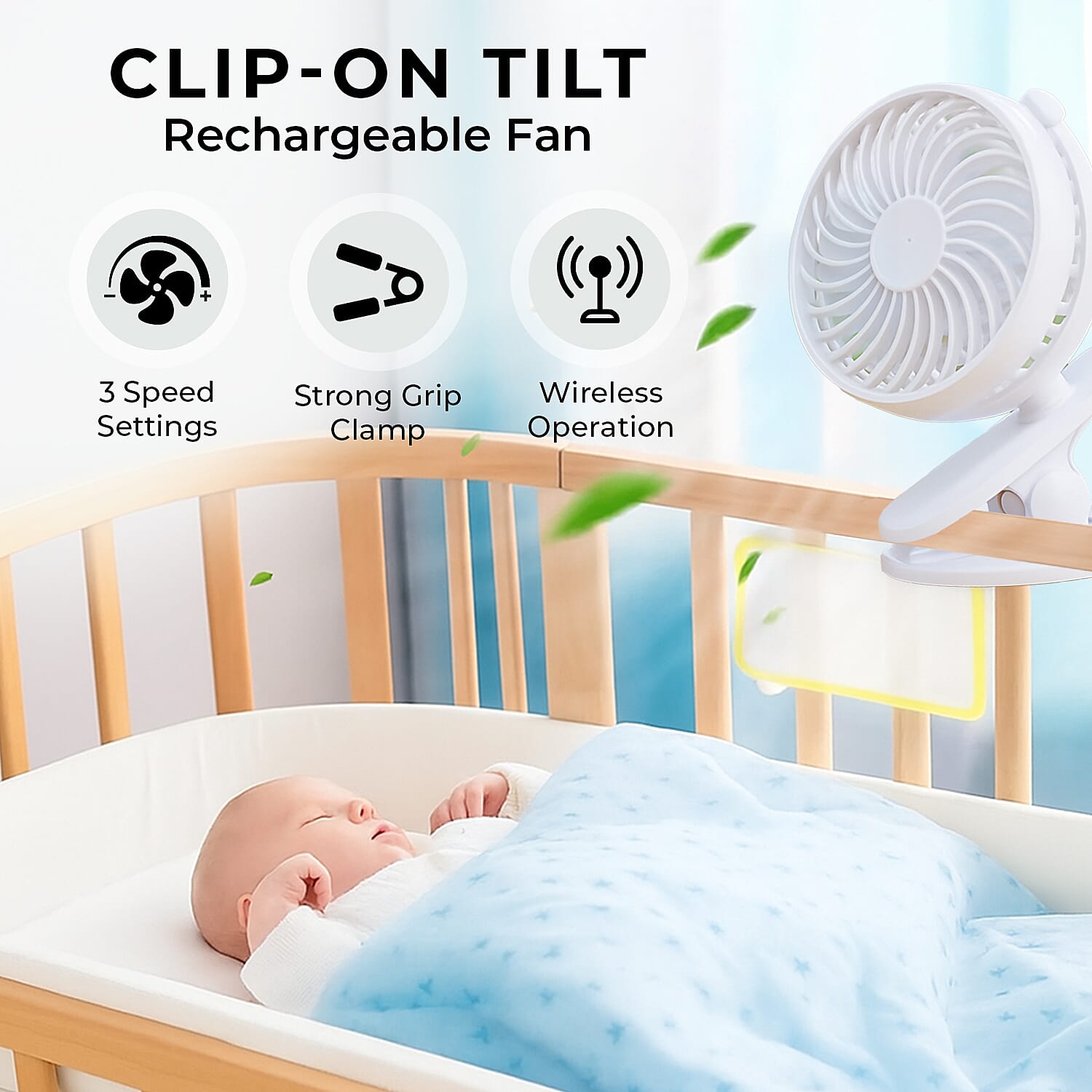 Clip-On Tilt Rechargeable Wireless Fan with 1200mAh Battery (Included) - White