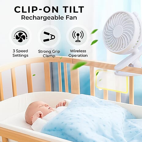 Clip-On Tilt Rechargeable Fan with 3 Speed Setting & 360 Tilt Function - White