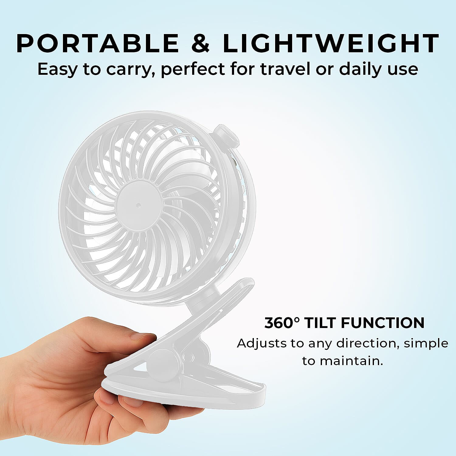 Clip-On Tilt Rechargeable Wireless Fan with 1200mAh Battery (Included) - White