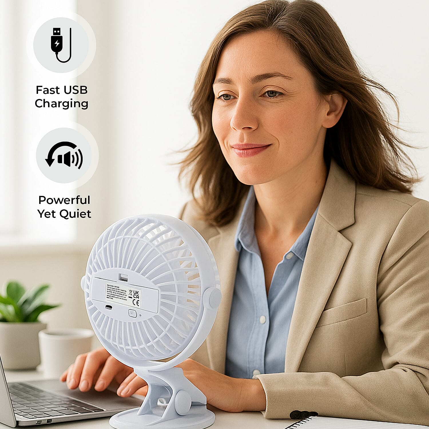 Clip-On Tilt Rechargeable Wireless Fan with 1200mAh Battery (Included) - White