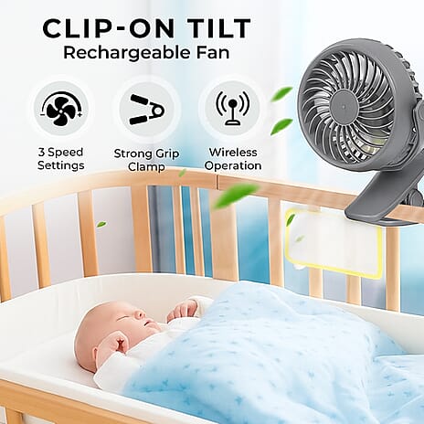 Clip-On Tilt Rechargeable Fan with 3 Speed Setting & 360 Tilt Function - Grey