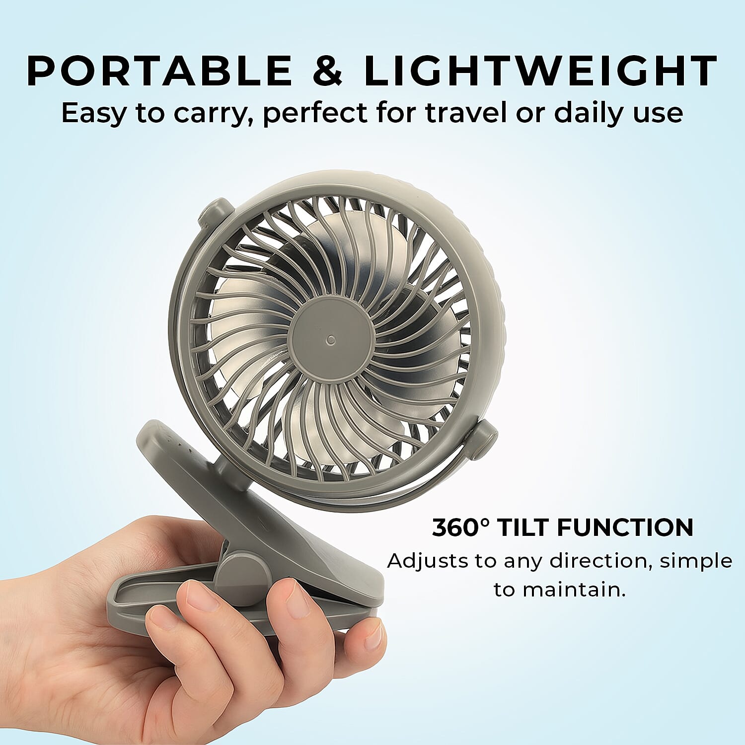 Clip-On Tilt Rechargeable Fan with 3 Speed Setting & 360 Tilt Function - Grey Clip-On Tilt Rechargeable Fan with 3 Speed Setting & 360 Tilt Function - Grey