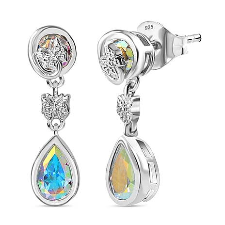 Mercury Mystic Topaz Dangle Earrings in Rhodium Overlay Sterling Silver 4.06 Ct