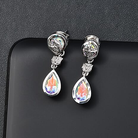 Mercury Mystic Topaz Dangle Earrings in Rhodium Overlay Sterling Silver 4.06 Ct
