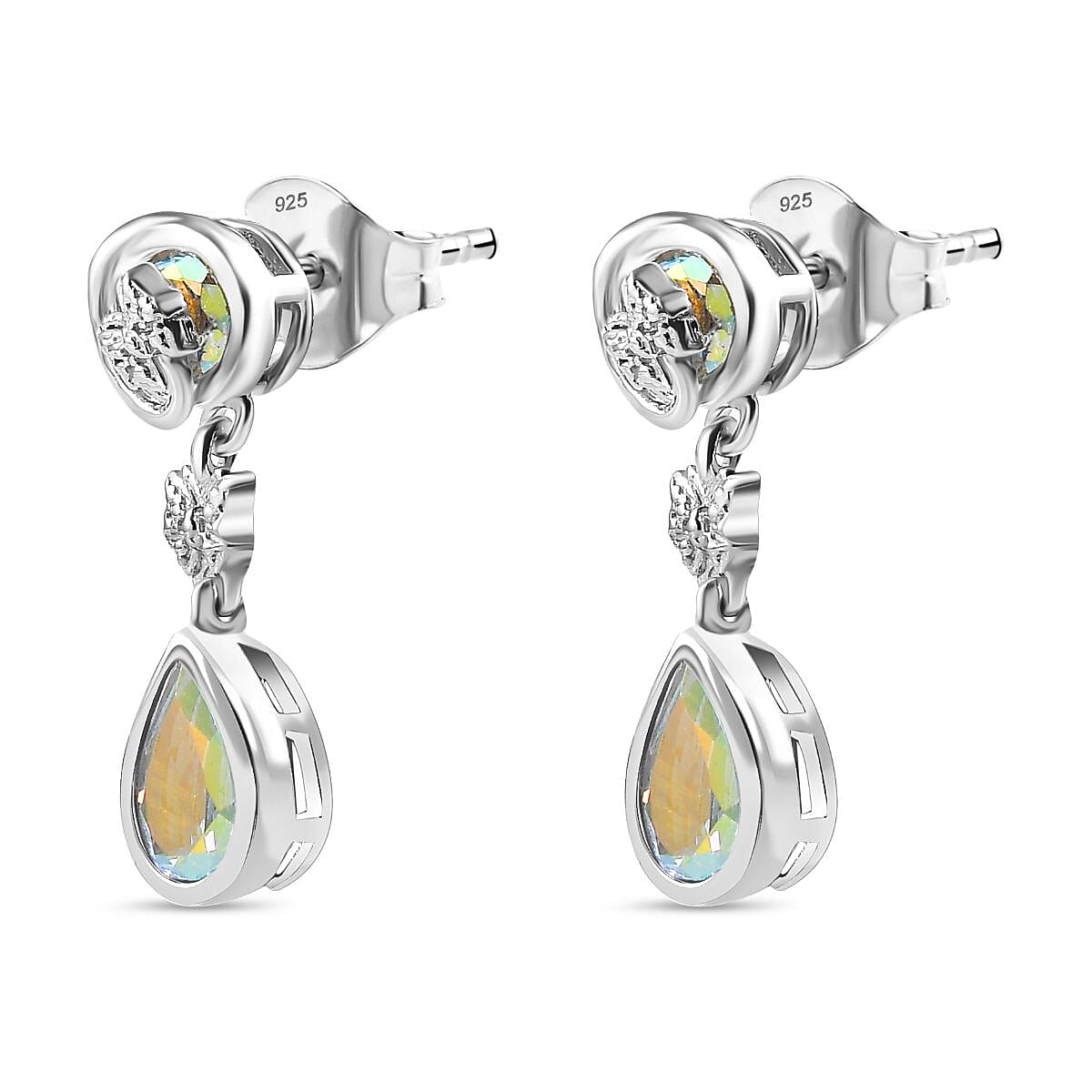 Mercury Mystic Topaz Dangle Earrings in Rhodium Overlay Sterling Silver 3.07 Ct.