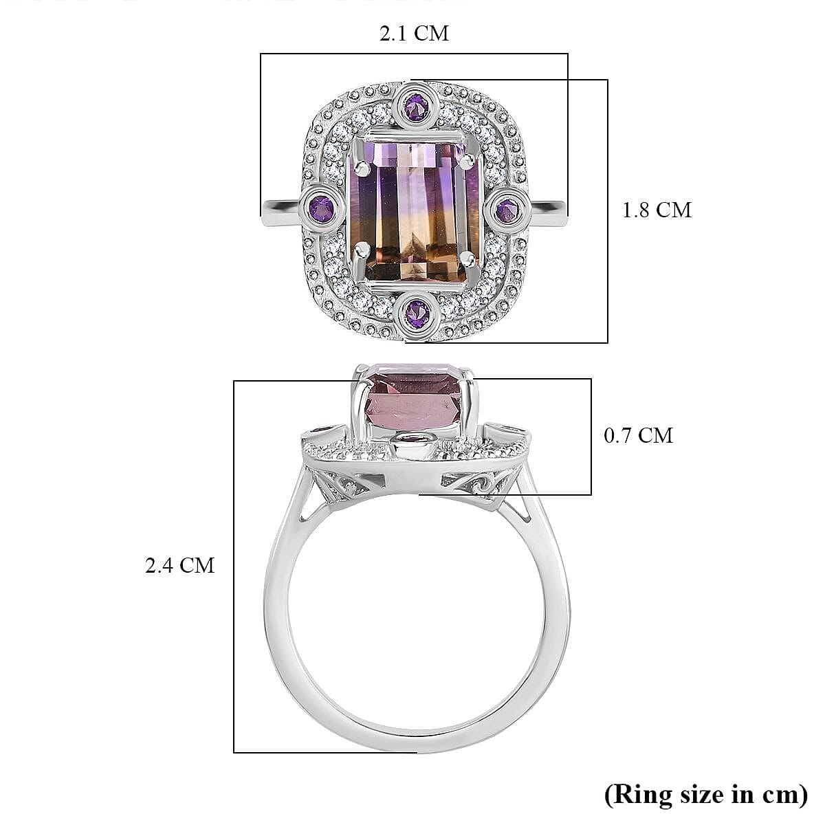 Ametrine, Natural Zircon & Amethyst Ring in Rhodium Overlay Sterling Silver 3.80 Ct. Ametrine, Natural Zircon & Amethyst Ring in Rhodium Overlay Sterling Silver 3.80 Ct.