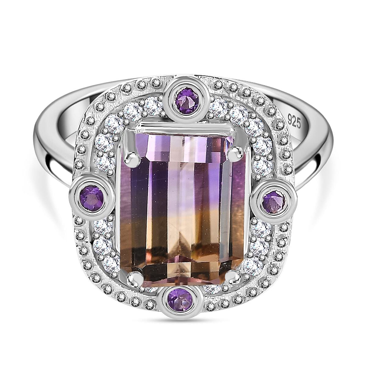 Ametrine, Natural Zircon and Amethyst Halo Ring in Rhodium Overlay Sterling Silver 3.80 Ct.