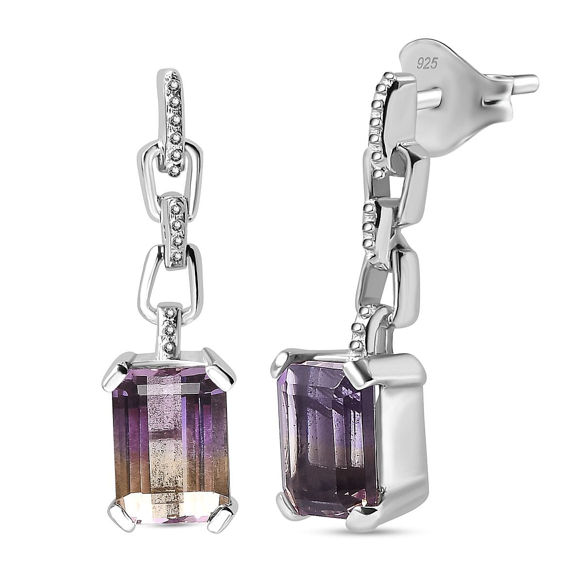 Ametrine Solitaire Dangle Earrings in Rhodium Overlay Sterling Silver 3.83 Ct.