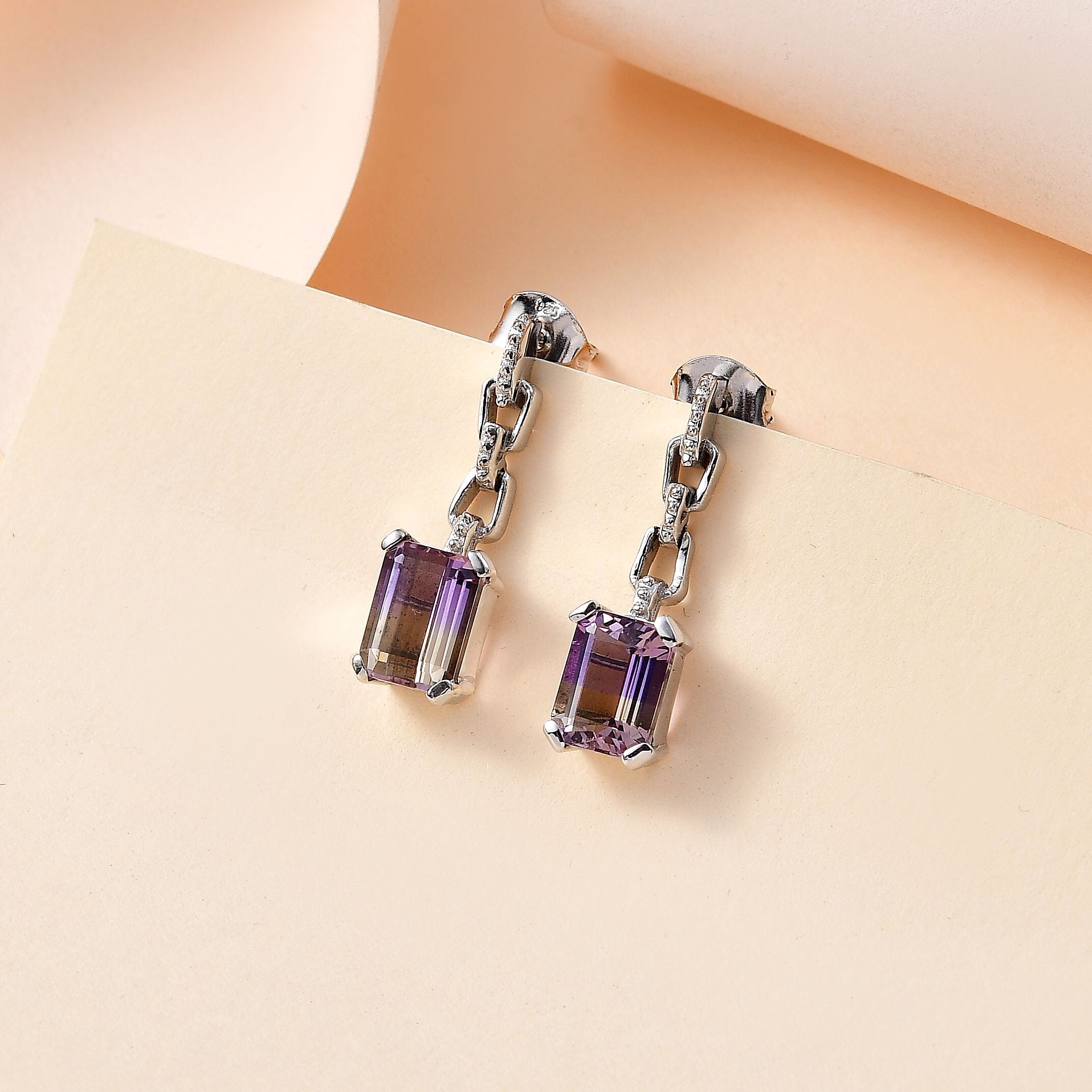 Ametrine Solitaire Dangle Earrings in Rhodium Overlay Sterling Silver 3.83 Ct.