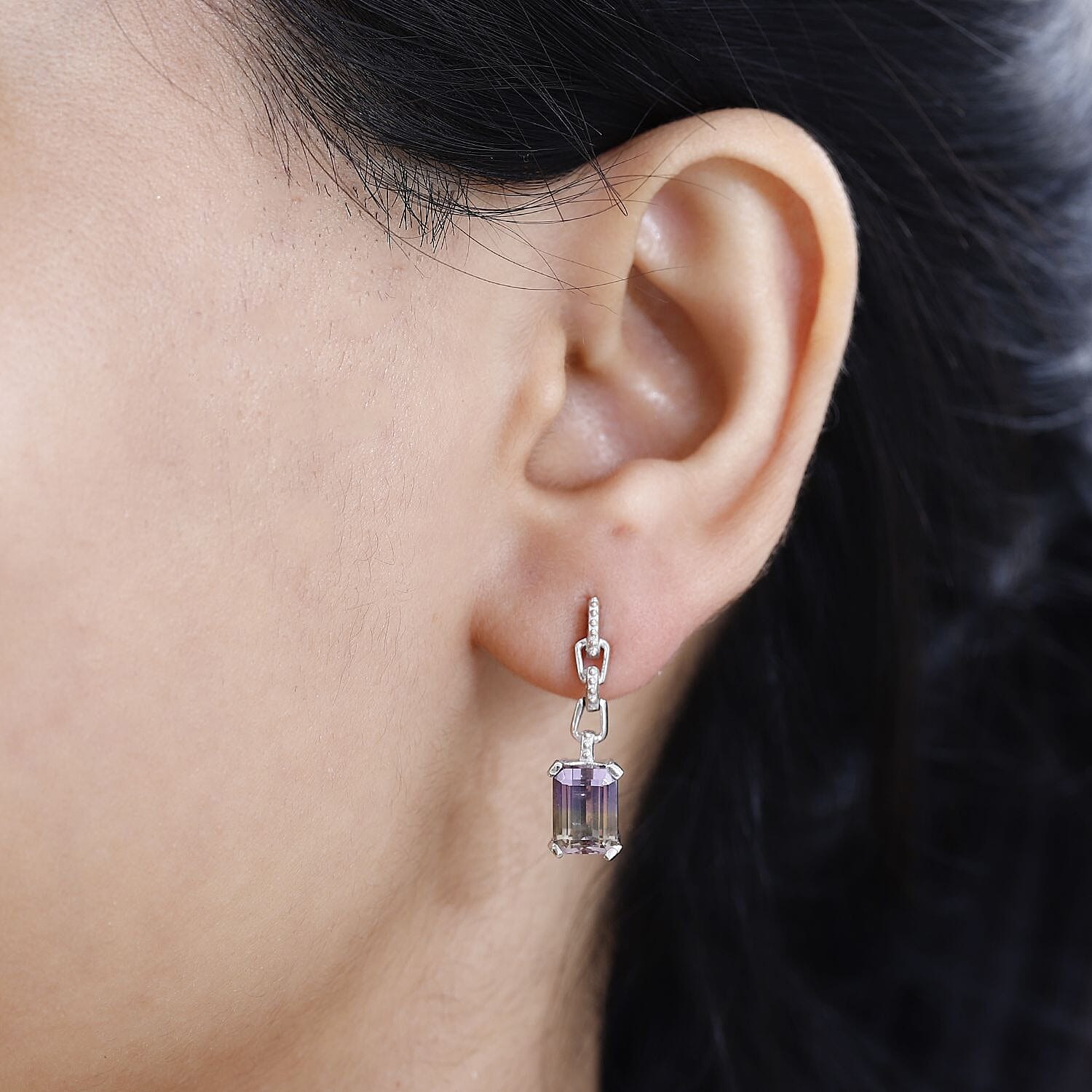Ametrine Solitaire Dangle Earrings in Rhodium Overlay Sterling Silver 3.83 Ct.
