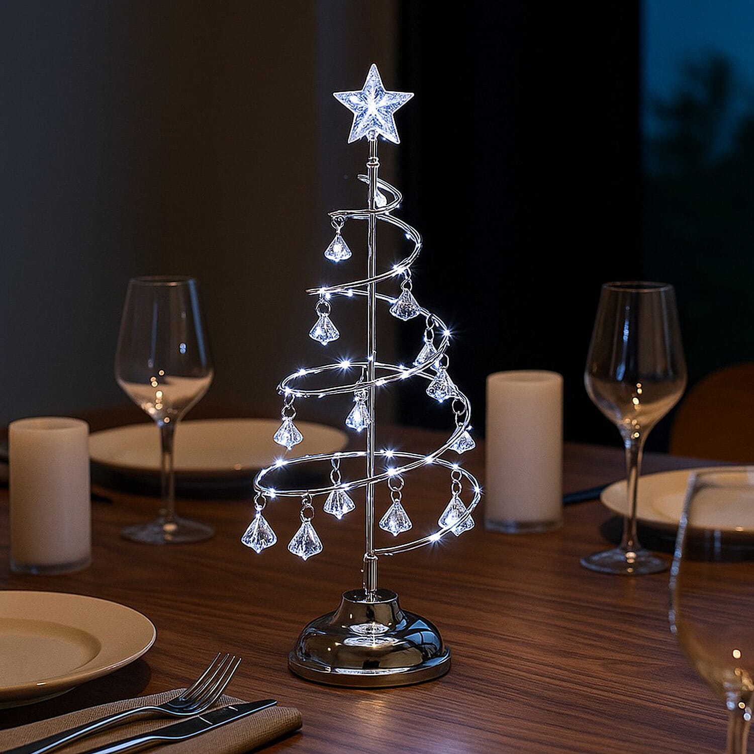 LED Christmas Tree - Silver - 19 Crystals - (3xAAA batteries not inc)