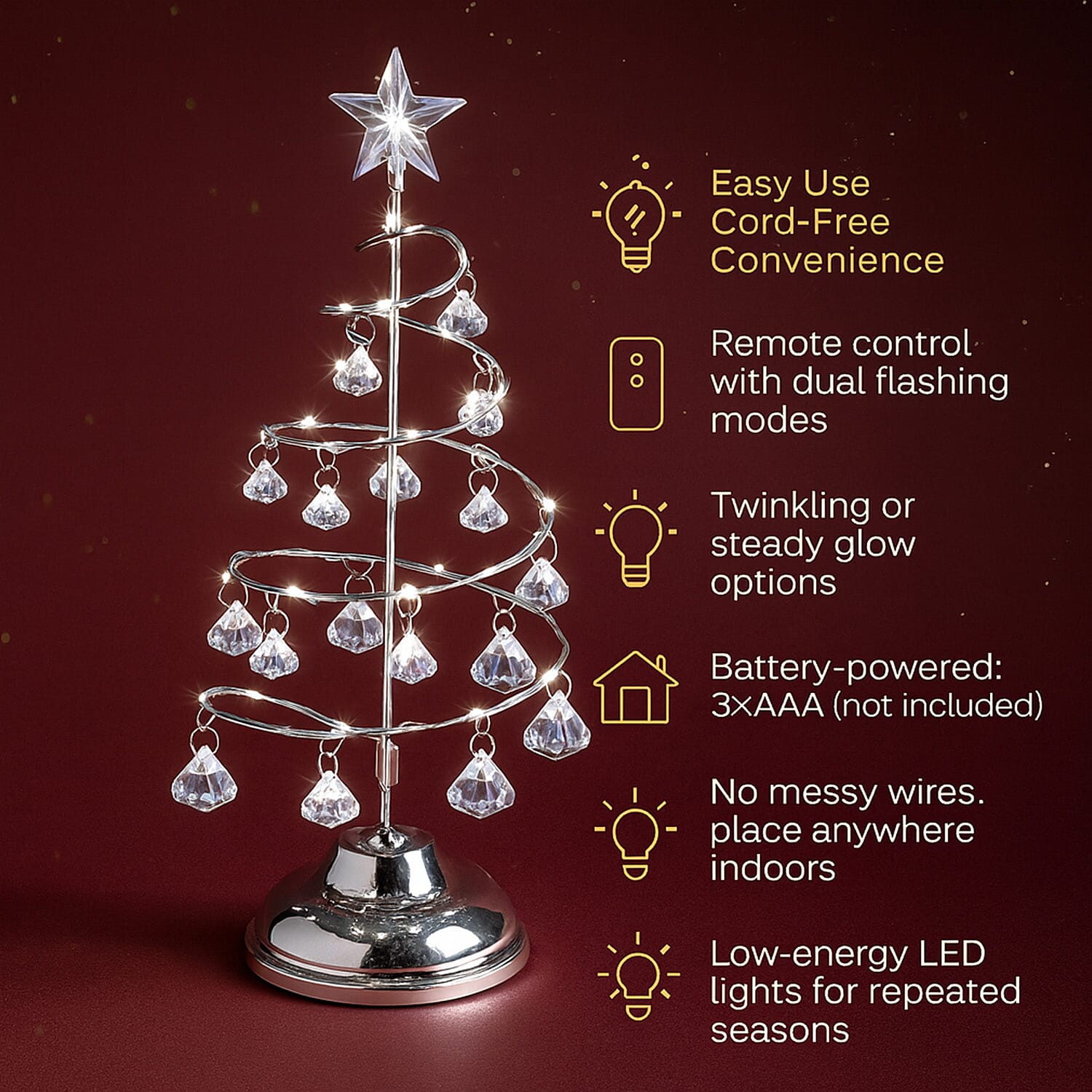 LED Christmas Tree - Silver - 19 Crystals - (3xAAA batteries not inc)