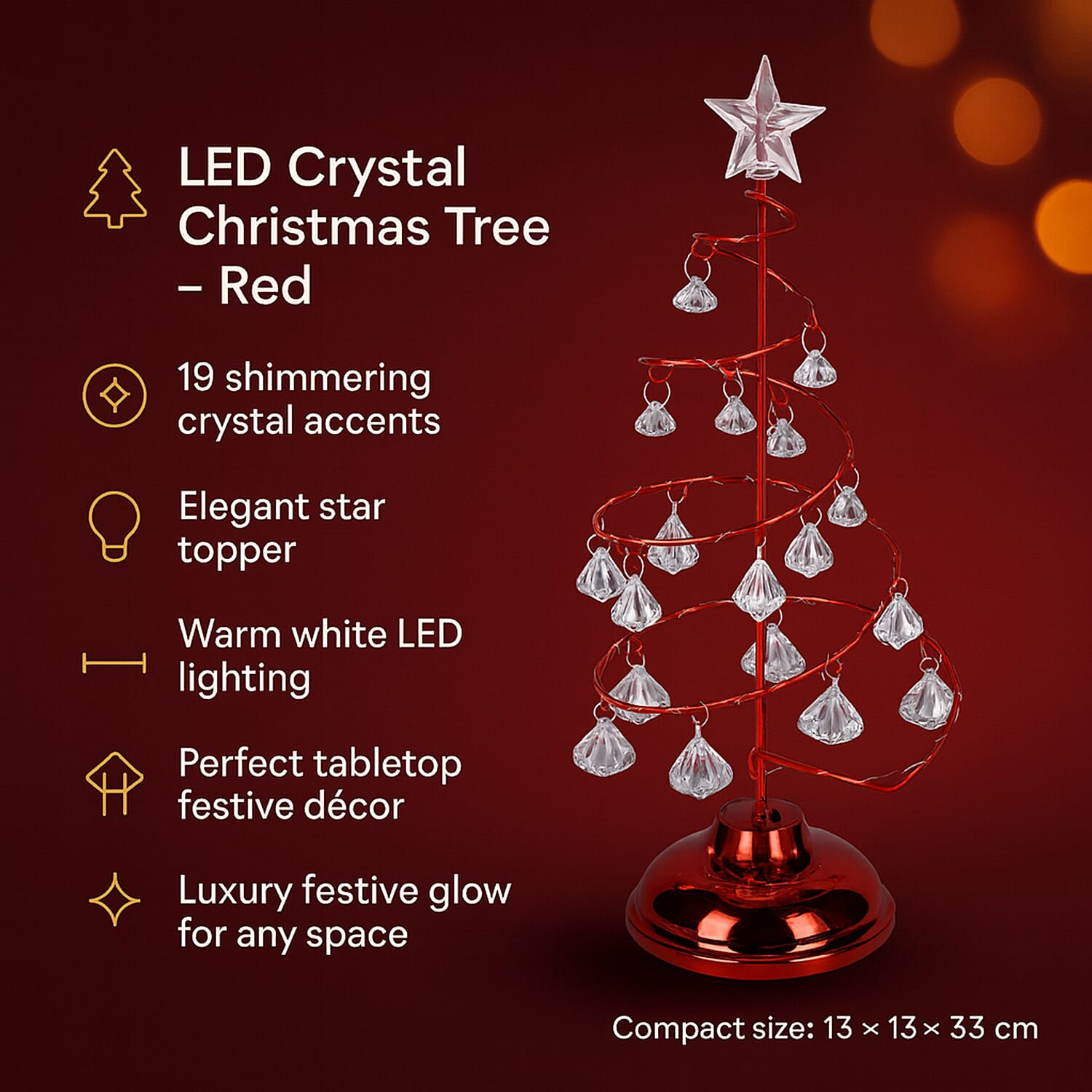 LED Christmas Tree 19 Crystals (3xAAA batteries not inc) - Red