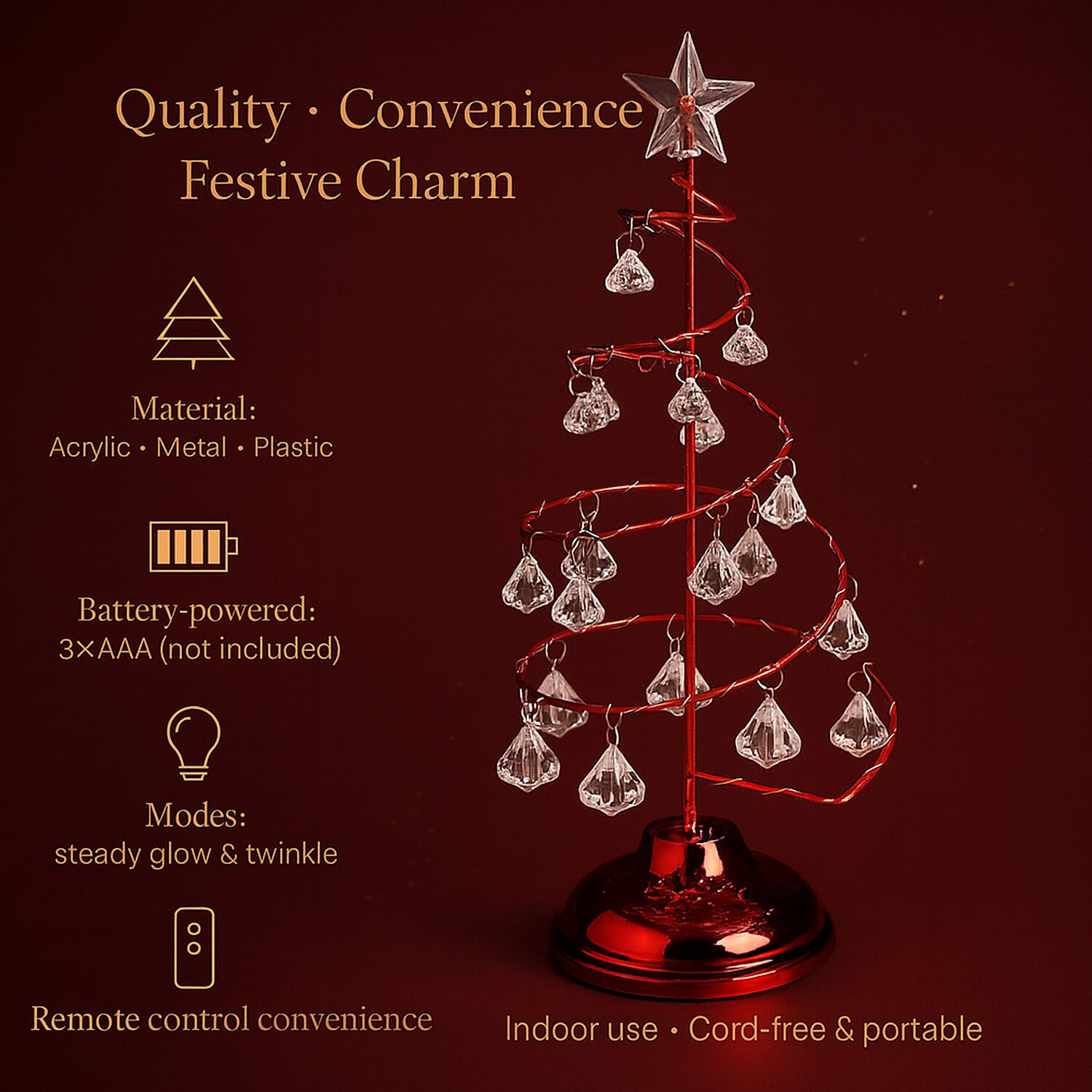 LED Christmas Tree 19 Crystals (3xAAA batteries not inc) - Red