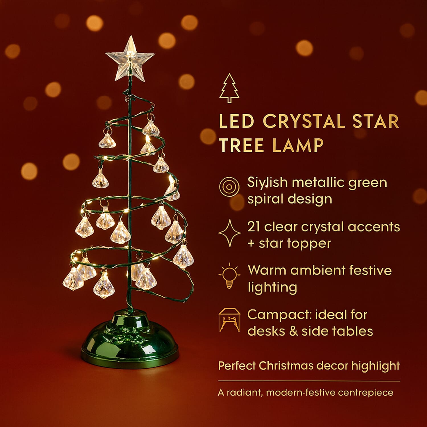 LED Christmas Tree - Green - 19 Crystals - (3xAAA batteries not inc)