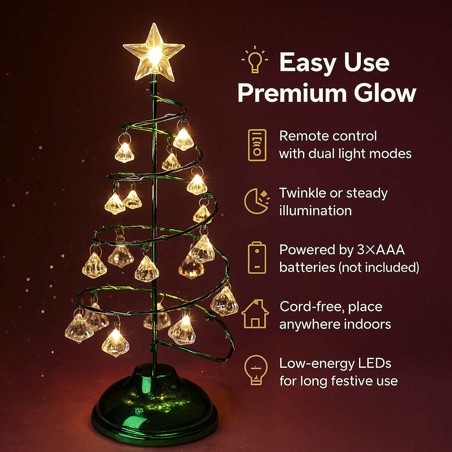 LED Christmas Tree - Green - 19 Crystals - (3xAAA batteries not inc)