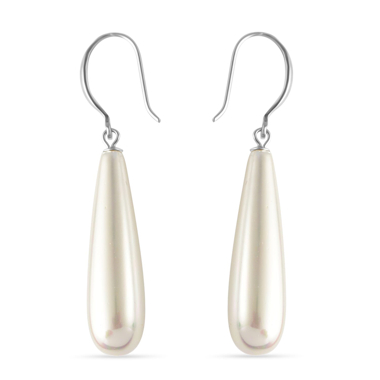 White Shell Pearl Drop Earrings with Hook in Rhodium Overlay Sterling Silver