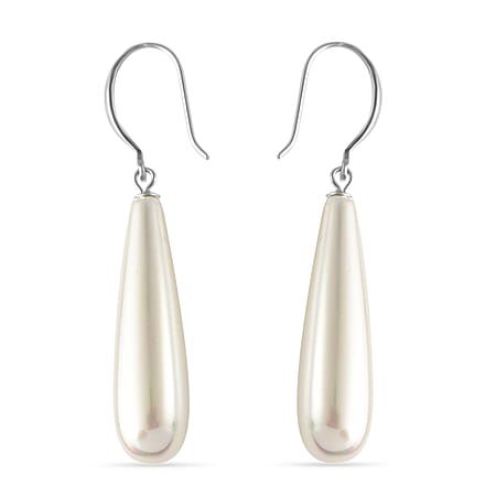 White Shell Pearl Drop Earrings with Hook in Rhodium Overlay Sterling Silver