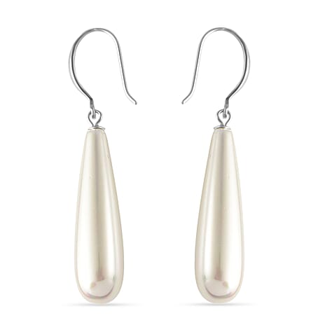 White Shell Pearl Drop Earrings with Hook in Rhodium Overlay Sterling Silver