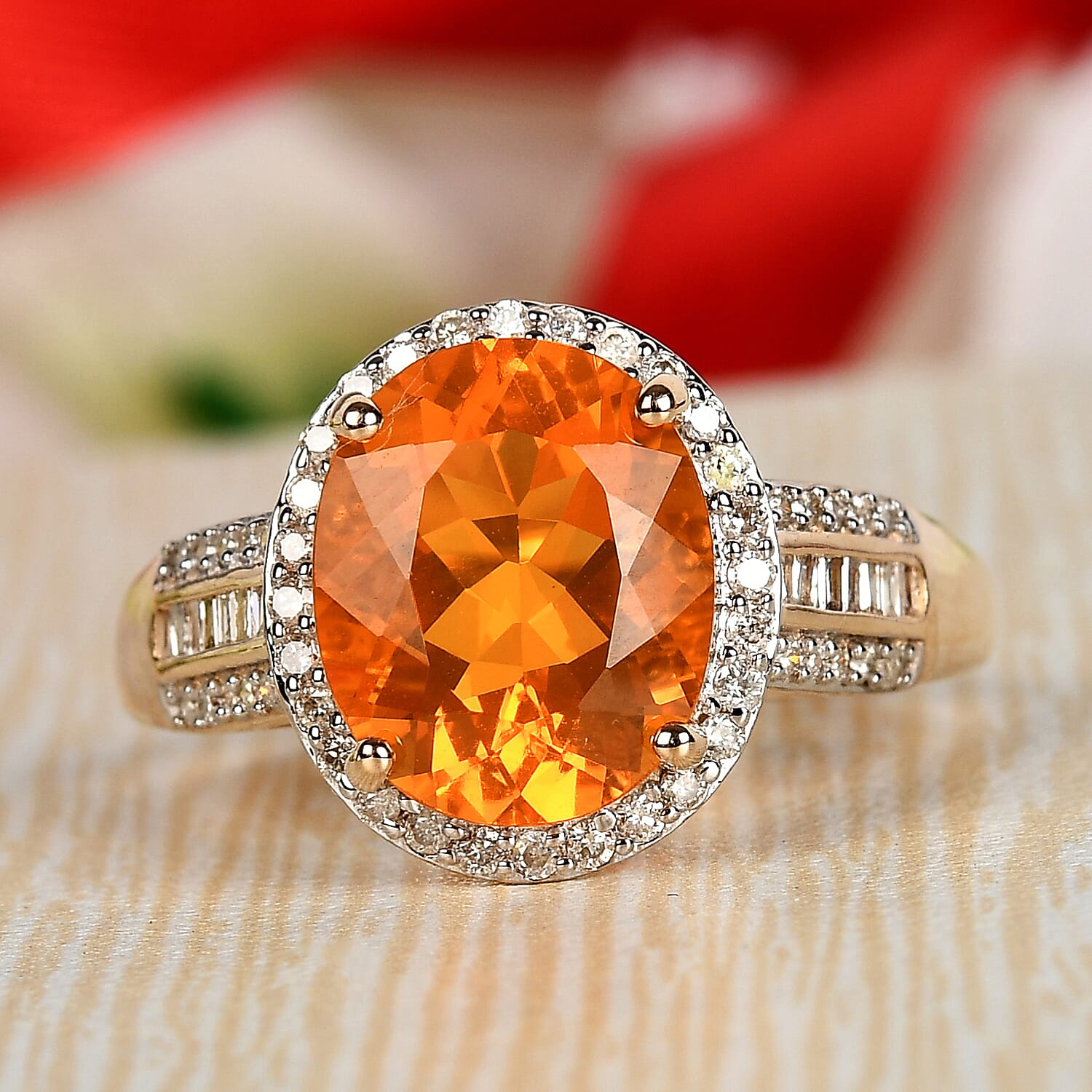9K Yellow Gold Brazilian Fire Opal and Diamond Ring 2.68 Ct.