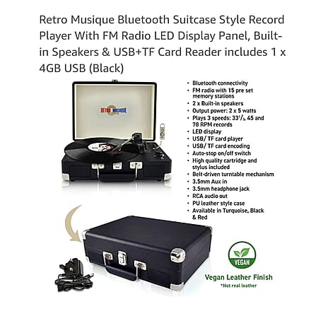 Retro Musique Bluetooth Suitcase Style Record Player With FM Radio LED Display Panel, Built-in Speakers - USB-TF Card Reader includes 1 x 4GB USB - Black