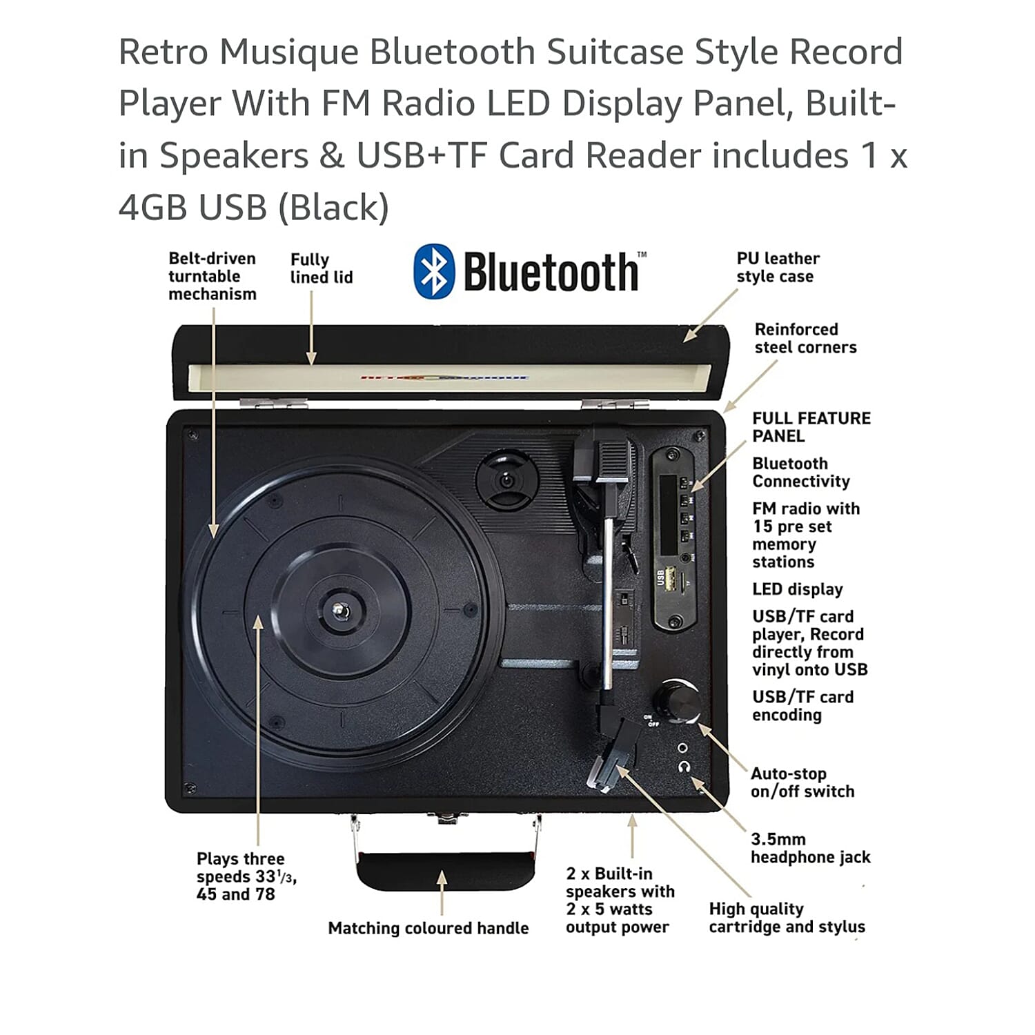 Suitcase Style Bluetooth Turntable with FM Radio & 4GB USB - Black